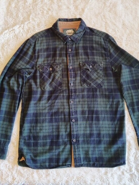 Roots Other - Roots Canada Flannel Plaid Shirt Green/Navy w/ Elbow Patches - Size L